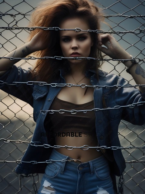 A woman in a brown tank top and blue jeans leans against a chain link fence
