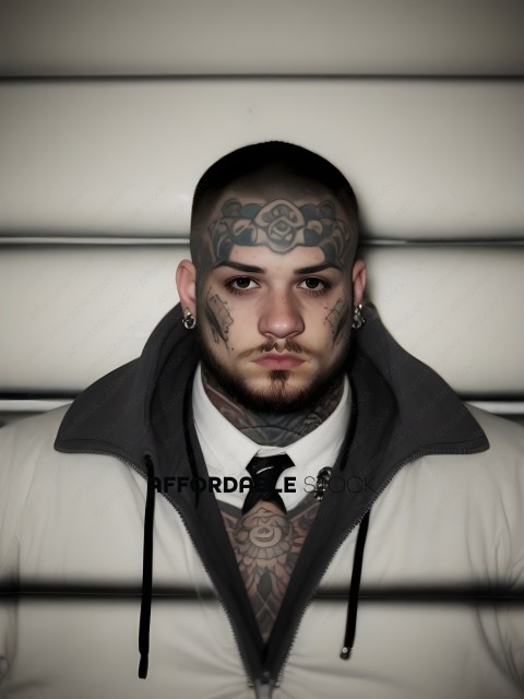 Man with tattoos and piercings wearing a white shirt and gray jacket