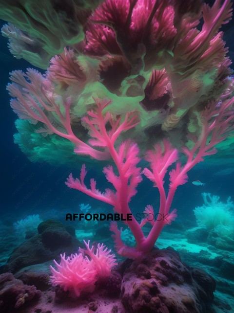 A pink and green coral reef with a tree-like structure