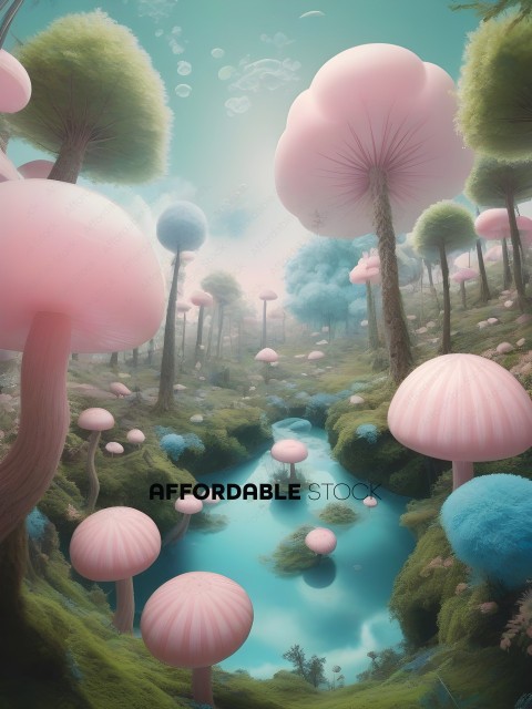 A fantasy landscape with mushrooms and trees