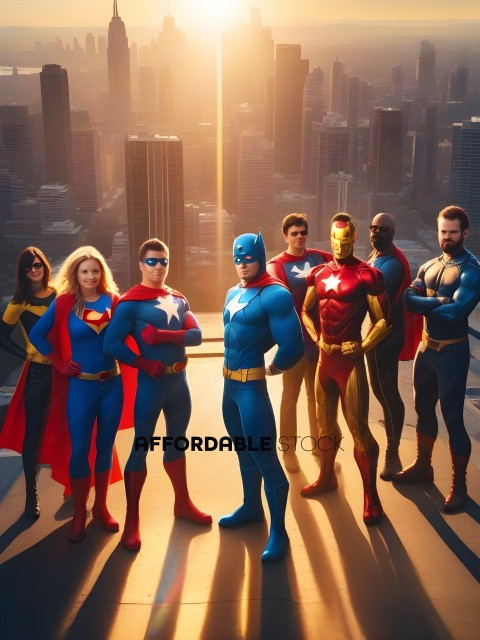 Superheroes in costumes standing on a rooftop