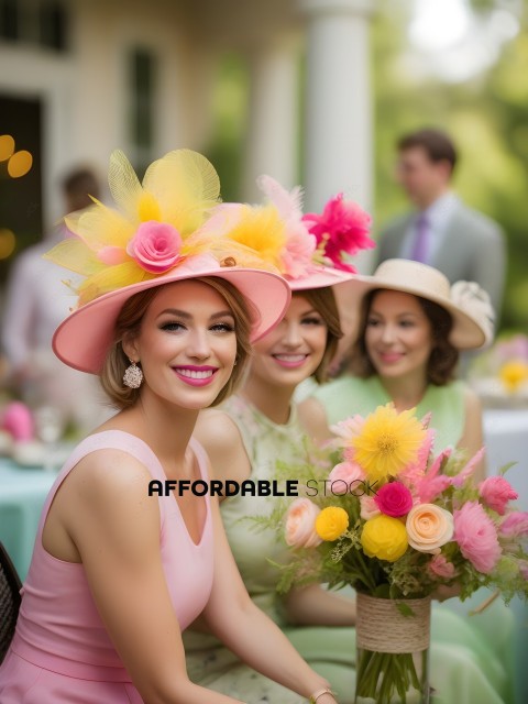 A group of women wearing hats and holding flowers