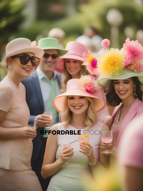 A group of women wearing hats and holding drinks