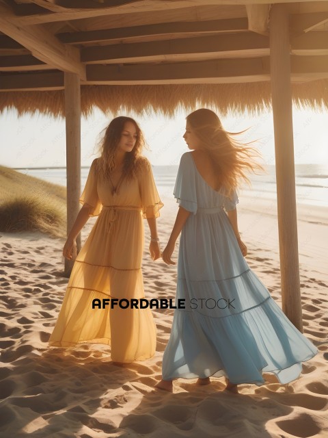 Two women in dresses walking on the beach