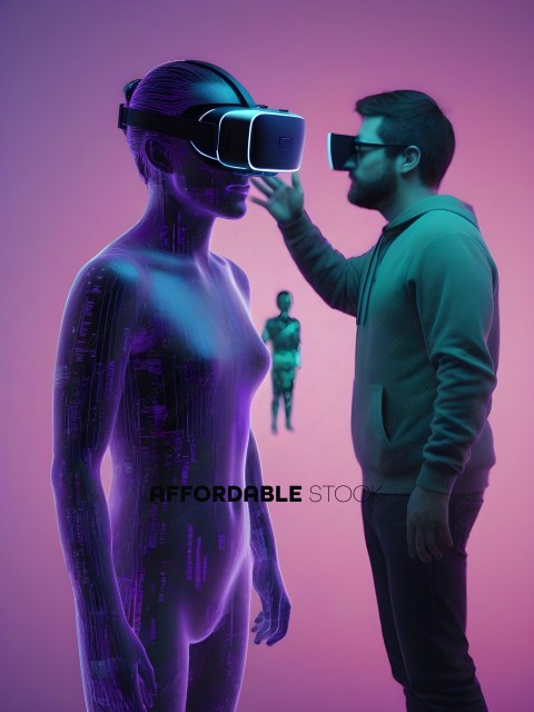 A man in a grey hoodie touches a virtual woman's chest