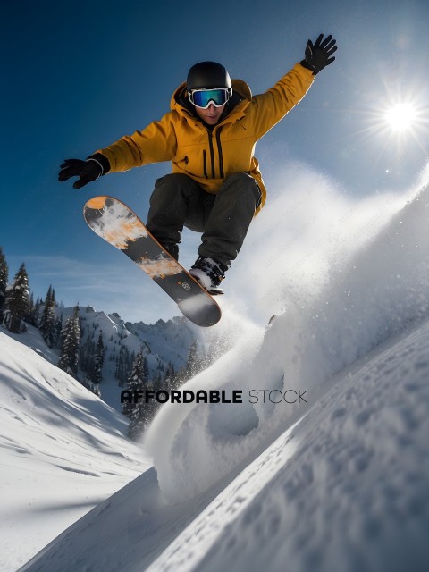 Snowboarder in Yellow Jacket Jumps in the Air
