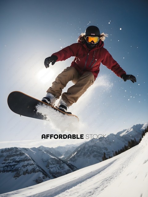 Snowboarder in mid-air, jumping over snow
