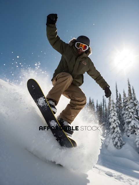 Snowboarder in a green jacket and goggles