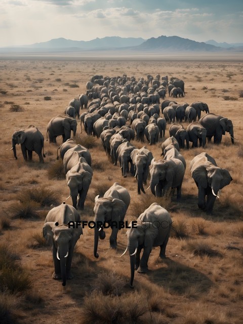Herd of Elephants Walking Across Plain