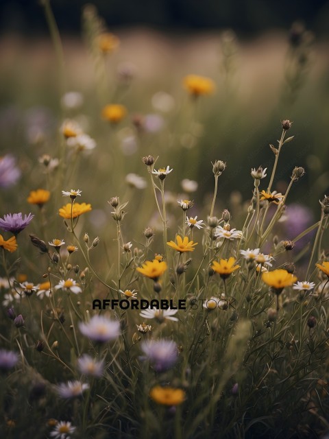 A field of flowers with yellow and purple flowers