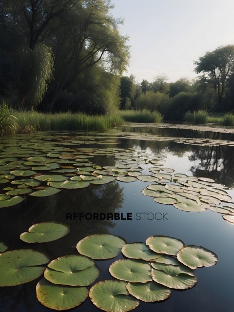 A serene pond with lily pads and a reflection of the sky
