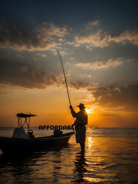 Man fishing in the ocean at sunset