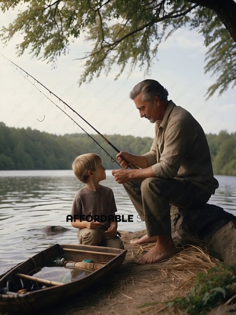 Man and Boy Fishing on Lake