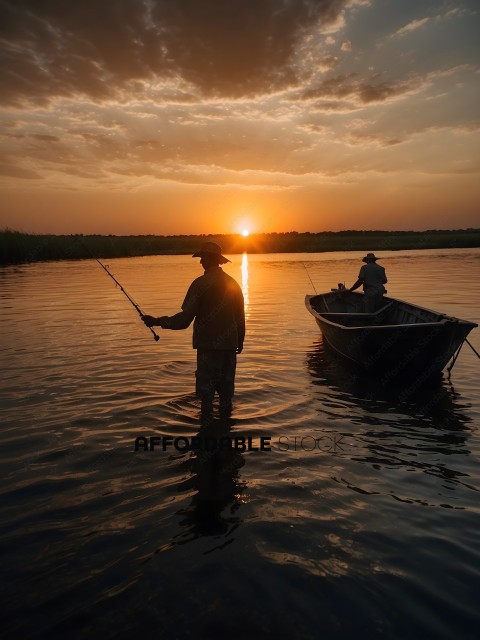 Two men fishing in a lake at sunset