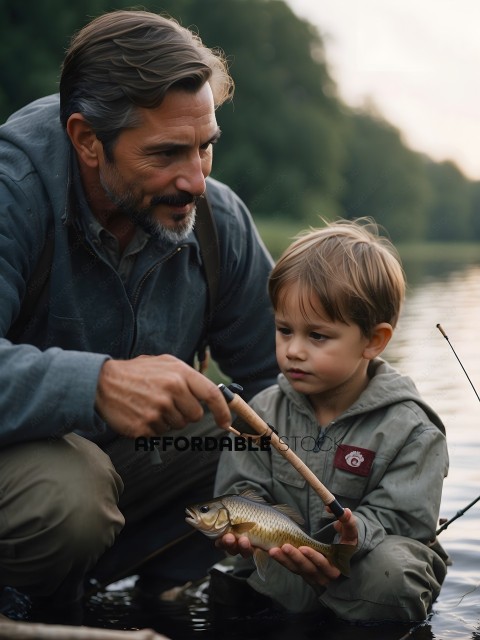 A man and a young boy are fishing together