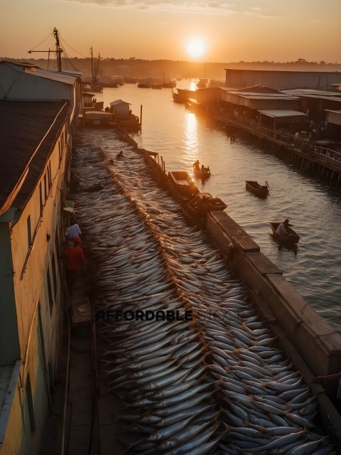 A long line of fish being unloaded from a boat