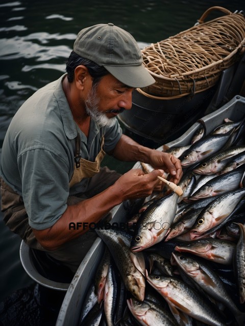 Man Cleaning Fish in Boat