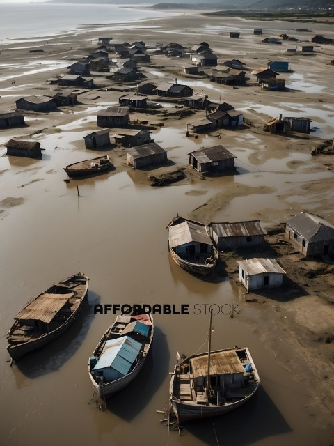 Small boats in a muddy area