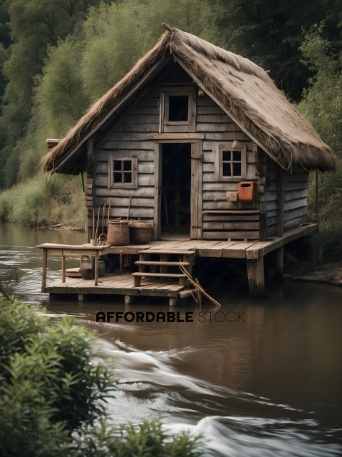 A small wooden hut on a river bank