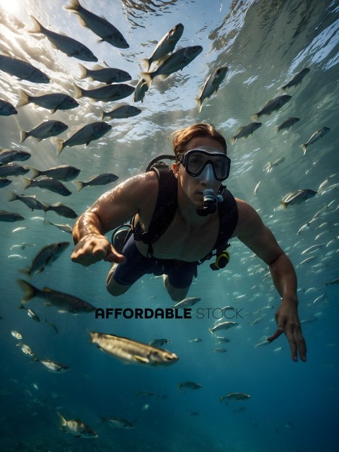 Man in scuba gear swimming underwater with fish