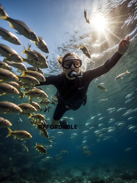 A woman in a black wetsuit swims with a school of fish