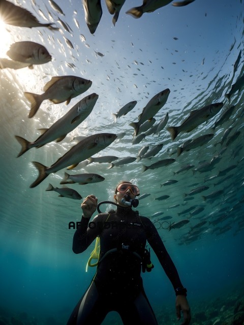 Diver with a group of fish