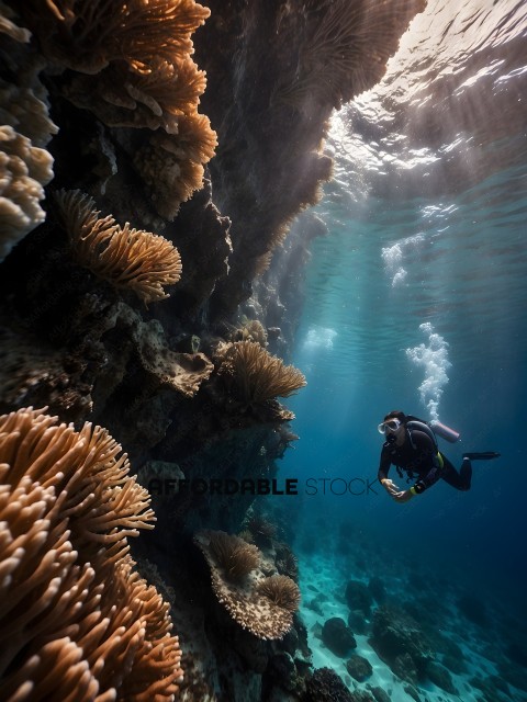 Diver swims underwater near coral reef
