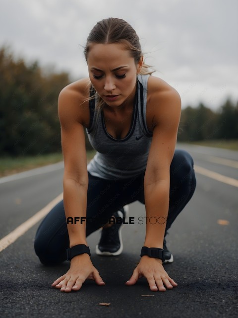 Woman wearing a gray tank top and black pants crouching on the road