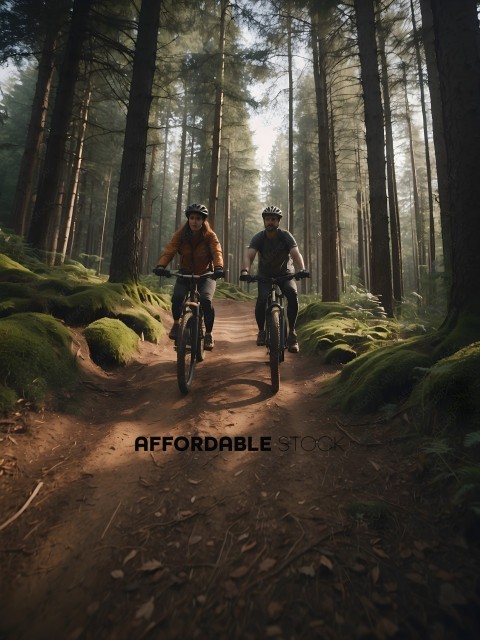 Two People Riding Bikes Through A Forest