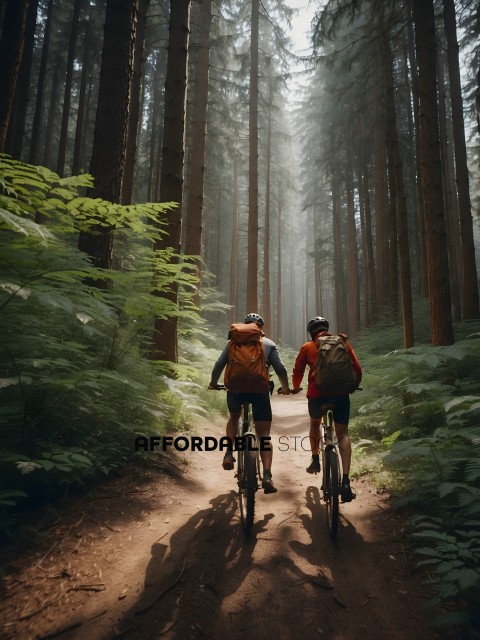 Two Bicyclists Riding Through a Forest