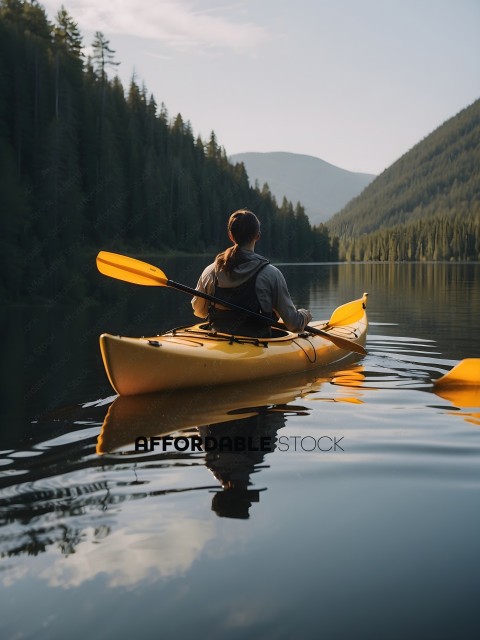 Man in a yellow kayak on a lake
