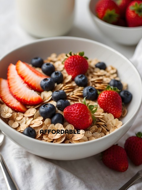 A bowl of granola with strawberries, blueberries, and sliced strawberries