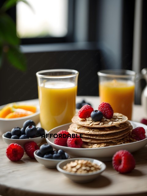 A breakfast spread with fruit, yogurt, and granola