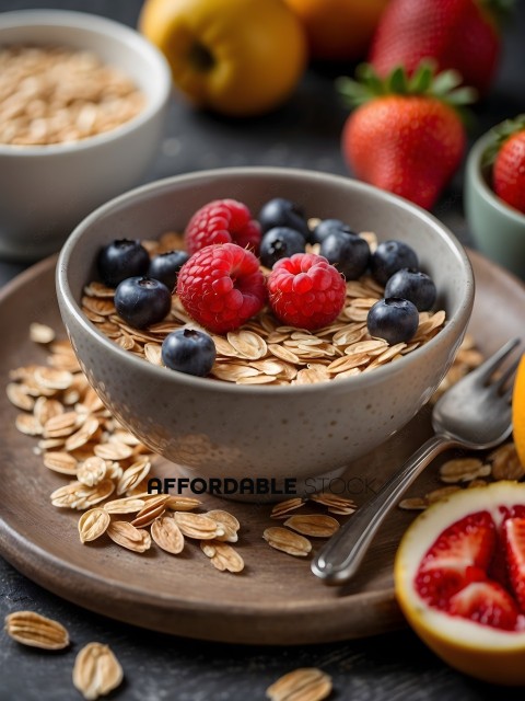 A bowl of granola with berries and a spoon