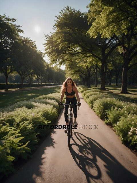 A woman rides her bike down a tree lined path
