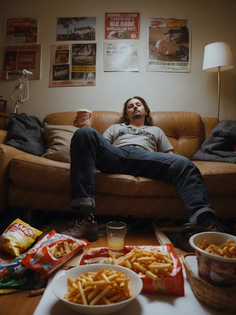 Man in a T-shirt and jeans sitting on a couch with a plate of french fries