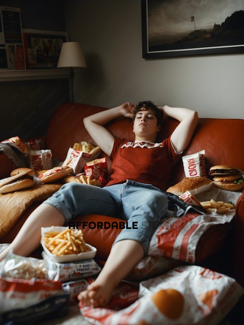 A young woman lounges on a couch with a large amount of fast food