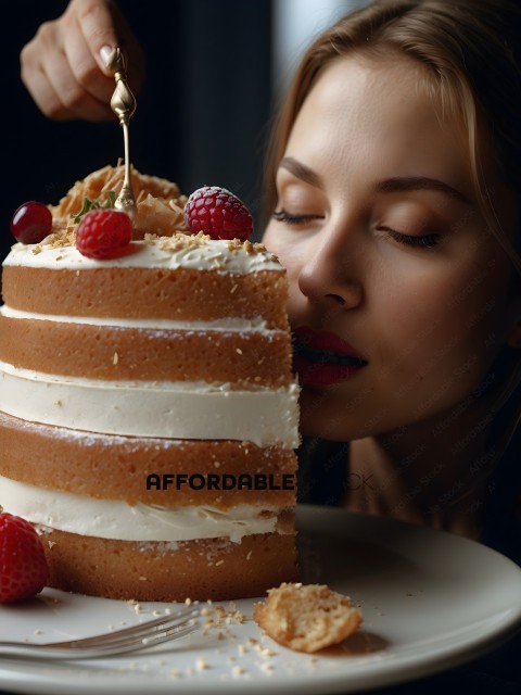 A woman leans in to smell a cake with raspberries and strawberries on top