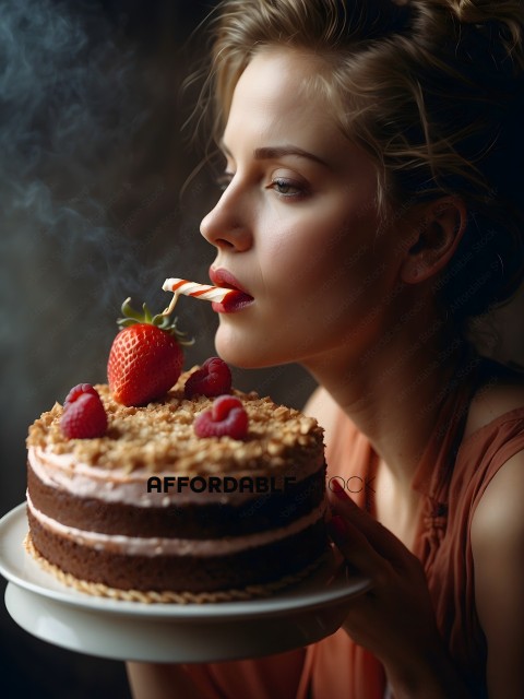 A woman with a strawberry on her lips and a cake in her hand