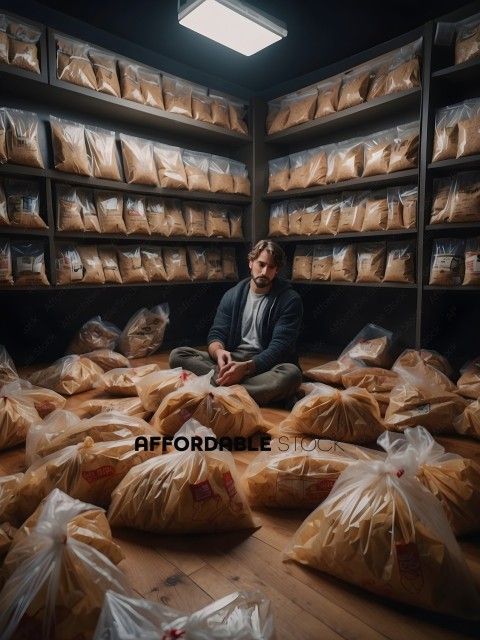Man Sitting in Front of Bags of Pasta
