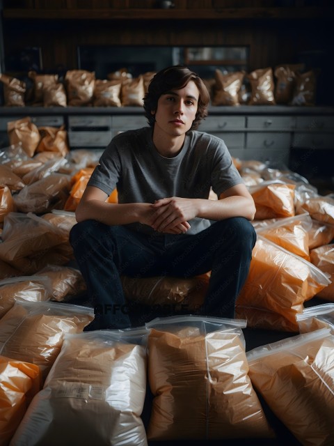 Man Sitting in Front of Bags of Sugar