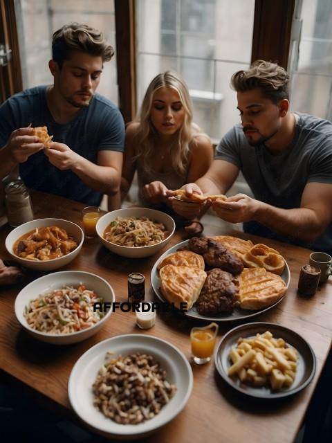 Three people sitting at a table with a variety of food