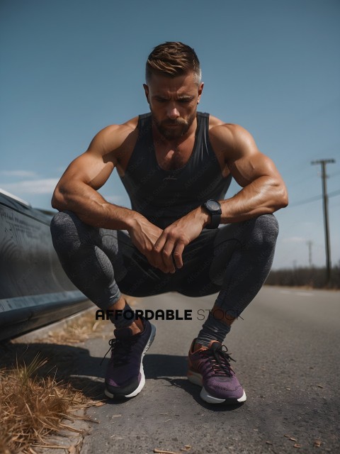 Man wearing a black tank top and grey sweatpants squatting on the side of a road