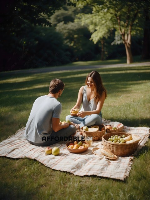 A man and a woman are sitting on a blanket in a park, eating fruit
