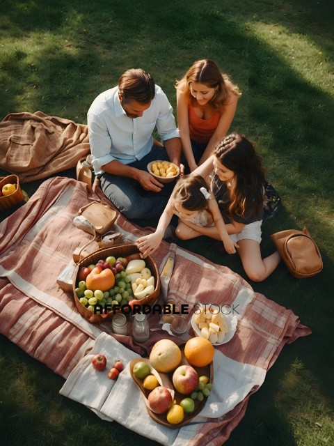 A family of four enjoying a picnic with a variety of fruits and vegetables