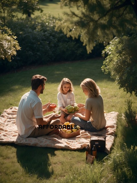 A family of three enjoying a picnic on the grass