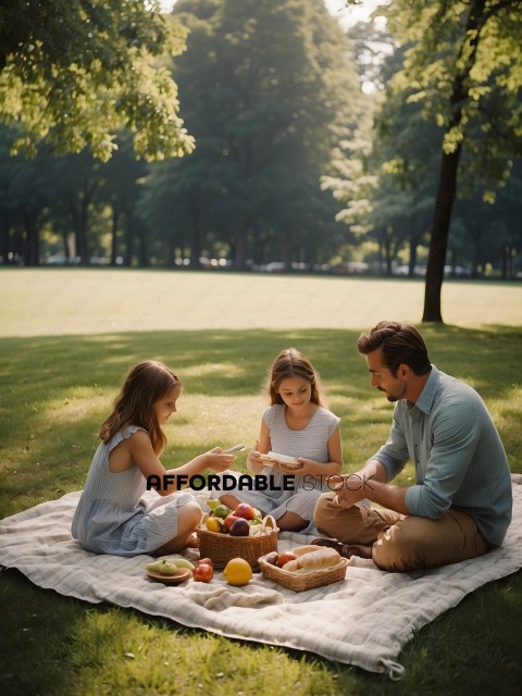 A family of three enjoys a picnic in a park