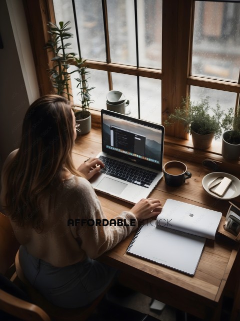 A woman working on a laptop at a desk with a cup of coffee