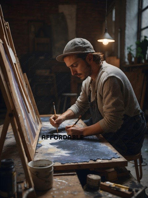 Man in Overalls Painting a Picture