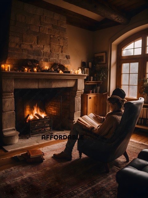 A woman reading a book in front of a fireplace